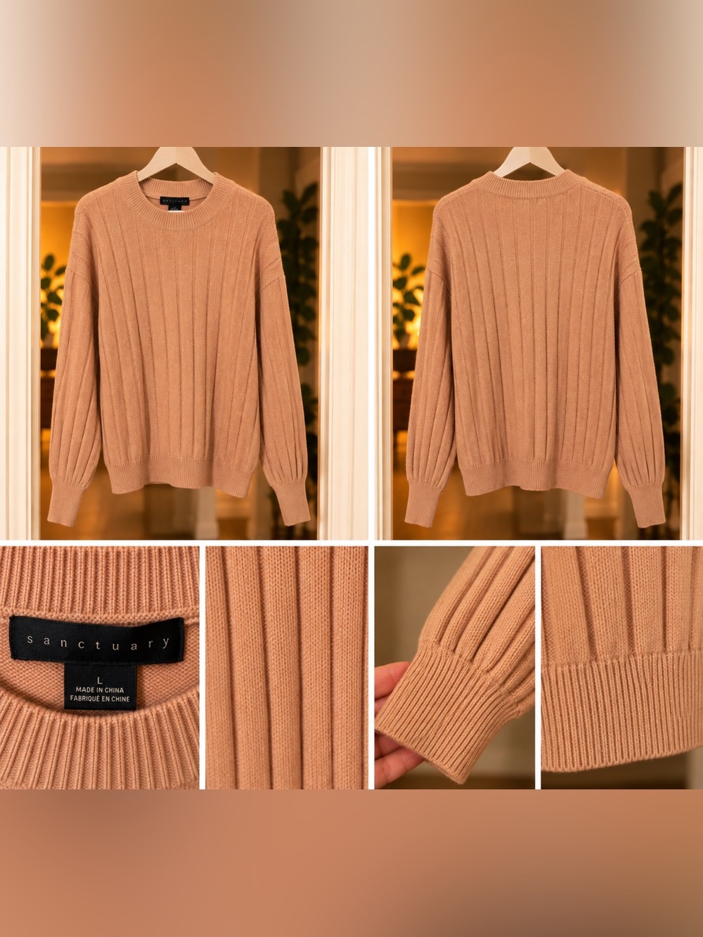 Sanctuary Ribbed Crewneck Sweater in Camel